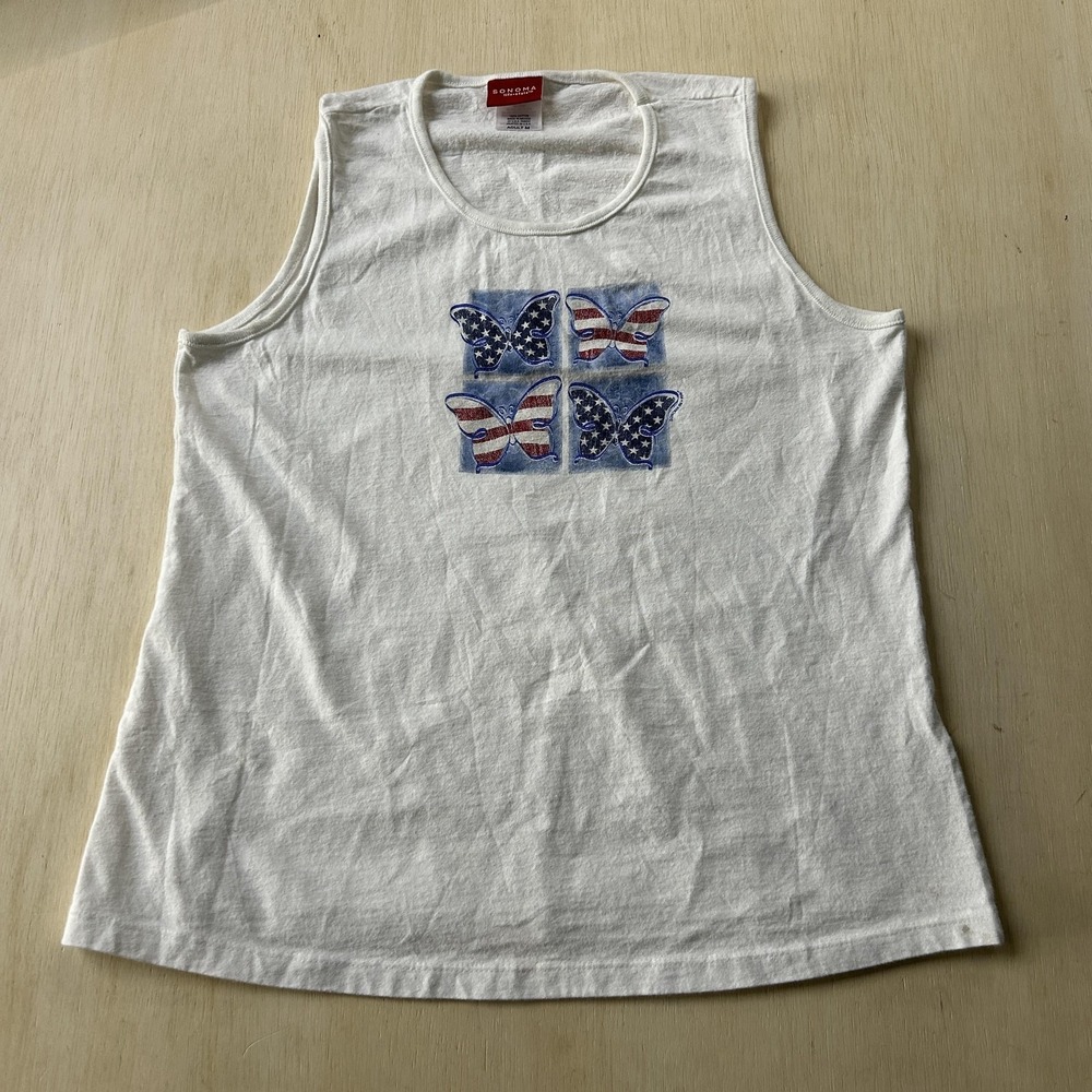 Sonoma Life+style Tank Top Womens M White USA Flag Butterfly 4th Of July